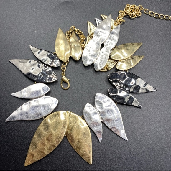 Mixed Metals Textured Teardrop Shaped Statement Necklace - Picture 2 of 8